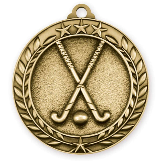 Field Hockey Wreath Medal - Gold | Engraved Gold Field Hockey Medallion - 2.75 Inch Wide Decade Awards