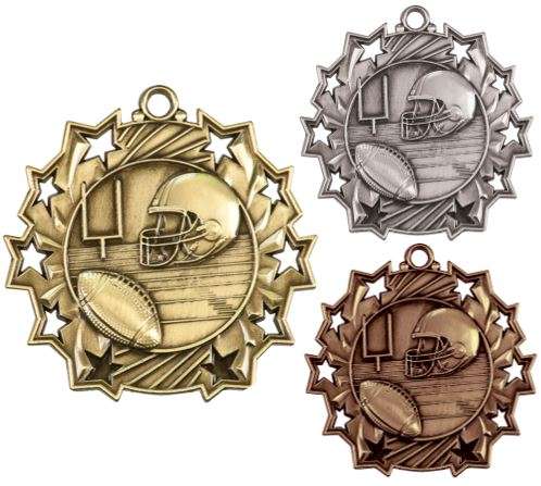 Football Ten Star Medal - Gold, Silver or Bronze | Engraved Gridiron 10 Star Medallion | 2.25 Inch Wide Decade Awards
