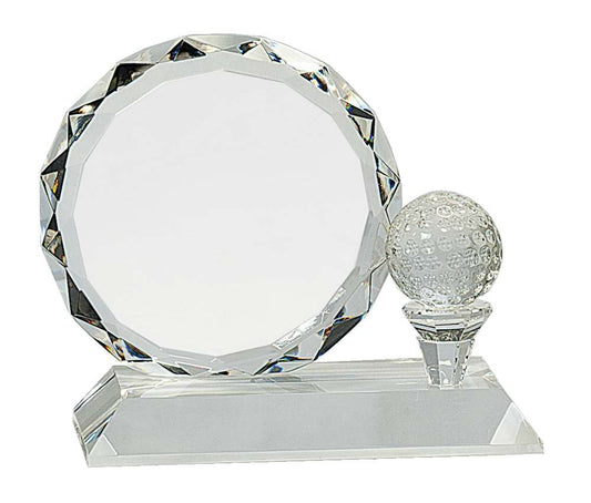 Golf Award with Round Facet Crystal on Clear Pedestal Base | Engraved Golf Tournament Award - 6.25" high x 5.25" wide Decade Awards