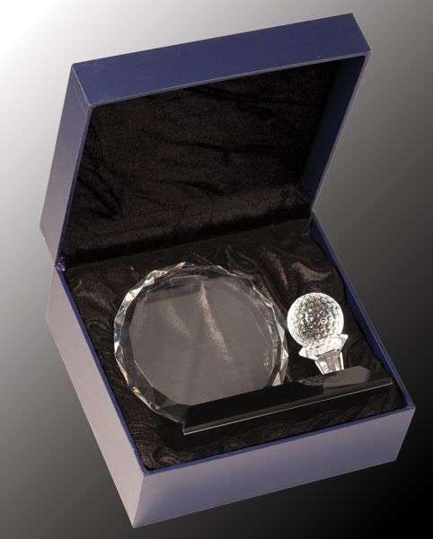 Golf Award with Round Facet Crystal on Clear Pedestal Base | Engraved Golf Tournament Award - 6.25" high x 5.25" wide Decade Awards