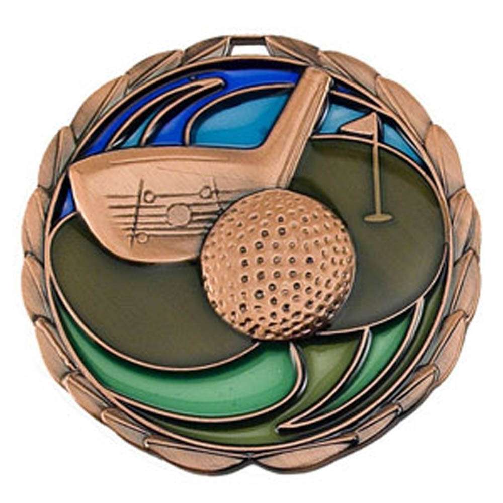 Colorful Golf Medal in gold silver or bronze finish with ribbon, perfect for tournaments and player recognition with free engraving from Decade Awards