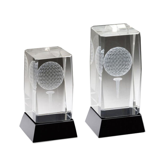 Golf Crystal 3-D Ball on Tee Trophy | Engraved Crystal Golf Award - 4" or 4.75" Tall Decade Awards