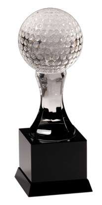 Golf Crystal Award - 9 Inch Tall | Engraved Crystal Golf Ball on Black Pedestal Base Decade Awards