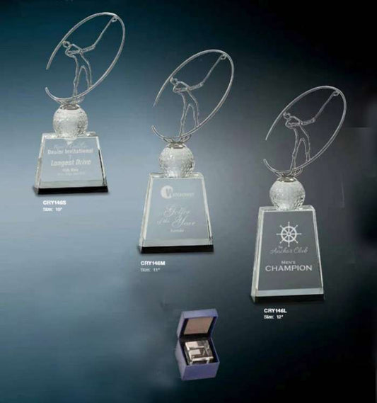 Golf Crystal with Silver Metal Oval Figure Trophy - 3 Sizes | Engraved Golf Tournament Award Decade Awards