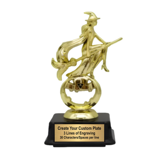 Custom Engraved Witch Halloween Trophy with spooky design perfect for costume contest prizes by Decade Awards