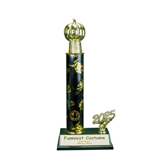 Engraved Pumpkinhead Halloween trophy with jack o lantern design and free custom engraving - 2025 edition by Decade Awards.