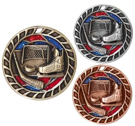 Hockey Glitter Medal - Gold, Silver or Bronze | Engraved Ice Hockey Sparkly Medallion - 2.5 Inch Wide - Clearance Decade Awards
