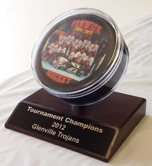Hockey Puck Holder with Wood Base - Personalized Decade Awards