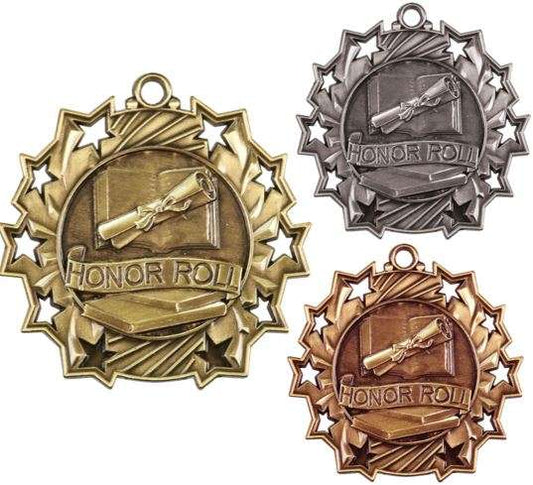 Honor Roll Ten Star Medal - Gold, Silver or Bronze | Engraved Scholastic 10 Star Medallion | 2.25 Inch Wide Decade Awards