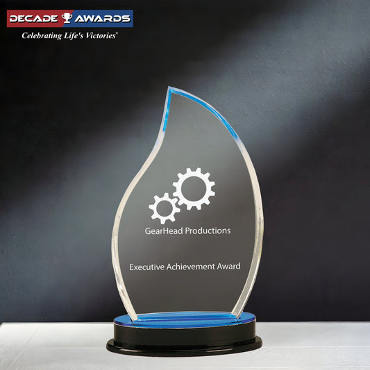 Personalized Blue Flame Impress Acrylic Trophy with custom engraving – 8.25 inch tall corporate recognition award featuring blue accent flame design on a clear base by Decade