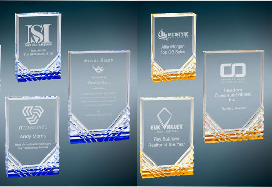 Jewel Mirage Acrylic Trophy - Blue or Gold | Engraved Acrylic Award - 6", 7" or 8" Tall Decade Awards