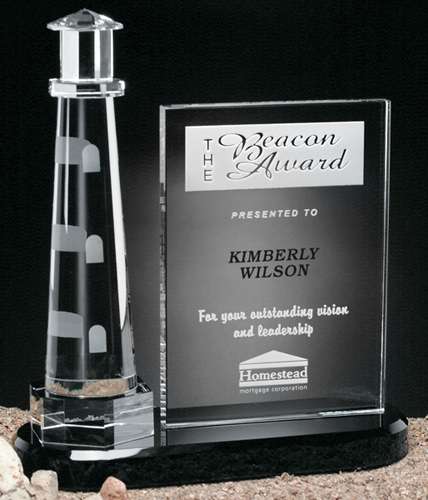Journey Point Lighthouse Crystal Corporate Award | Engraved Lighthouse Award - 9.5" Decade Awards