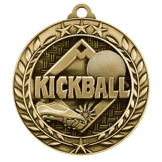 Kickball Wreath Medal | Engraved Gold Kickball Medallion - 2.75 Inch Wide Decade Awards