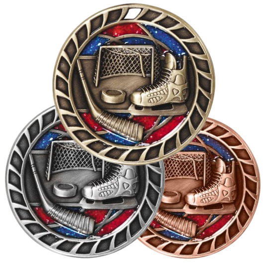 Personalized Hockey Medal and Ribbon | Gold, Silver or Bronze | 2.5 Inches Wide