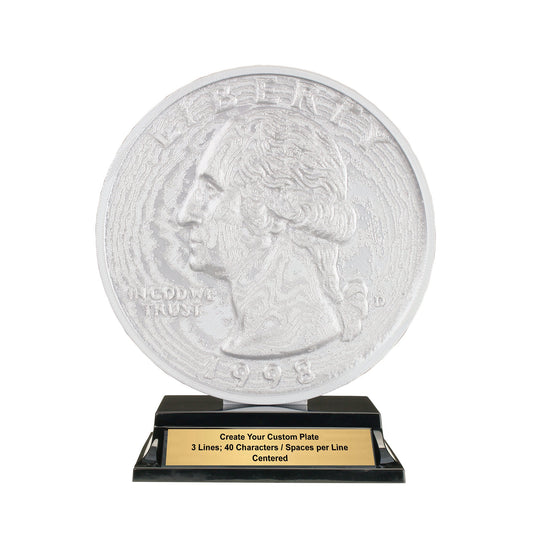 Quarter Trophy with twenty five cent coin design and sleek black base with free custom engraving Decade Awards
