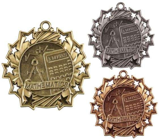Math Ten Star Medal - Gold, Silver or Bronze | Engraved Mathematics 10 Star Medallion | 2.25 Inch Wide Decade Awards