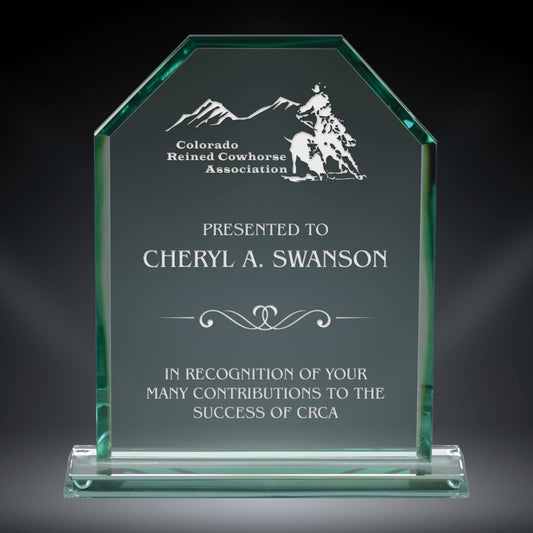 Monarch Glass Plaque Trophy | Engraved Jade Glass Corporate Award - 6.5", 7.5" or 8.5" Tall Decade Awards