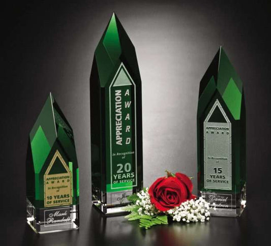 Monolith Emerald Crystal Corporate Award | Engraved Green Crystal Pillar Award - 7", 9" or 11" Tall Decade Awards