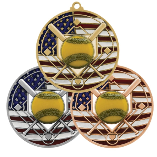 Softball Patriotic Medal - Gold, Silver or Bronze | Engraved Softball Medal - 2.75 Inch Wide Decade Awards