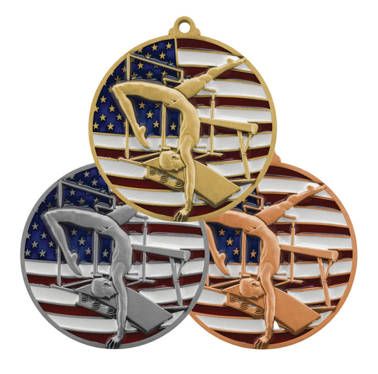 Gymnastics Patriotic Medal - Gold, Silver or Bronze | Engraved Gymnast Medal - 2.75 Inch Wide Decade Awards