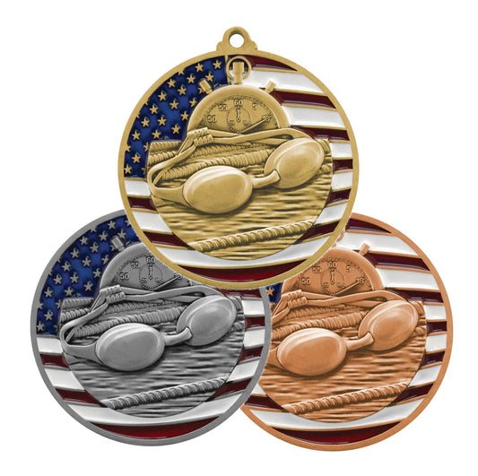 Swimming Patriotic Medal - Gold, Silver or Bronze | Engraved Swim Meet Medal - 2.75 Inch Wide Decade Awards