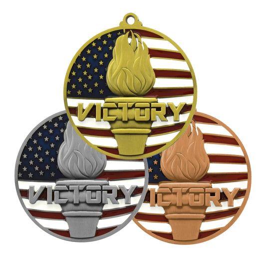 Victory Flame Patriotic Medal - Gold, Silver or Bronze | Engraved Victory Place Medal - 2.75 Inch Wide Decade Awards