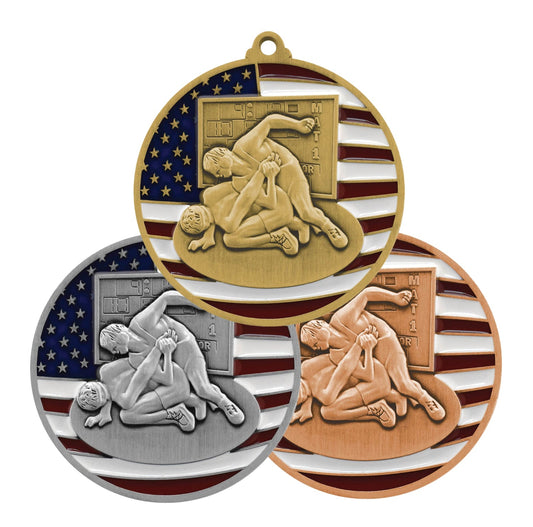 Wrestling Patriotic Medal - Gold, Silver or Bronze | Engraved Wrestling Medal - 2.75 Inch Wide Decade Awards