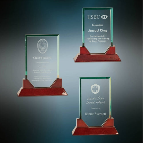 Prestige Award, Glass Plaque in Rosewood Base | Engraved Corporate Award - 7.75, 8.75 or 9.75 Inch Tall Decade Awards