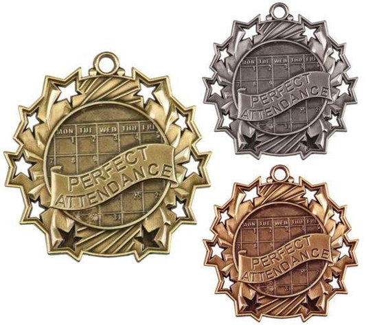 Perfect Attendance Ten Star Medal - Gold, Silver or Bronze | Engraved Student Recognition 10 Star Medallion | 2.25 Inch Wide Decade Awards