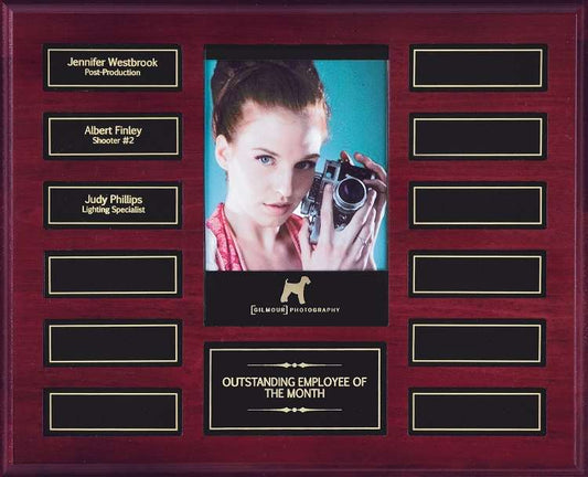 Perpetual Photo Plaque - 10.5" x 13” | Mahogany Finish Plaque with 12 Magnetic Engraving Plates Decade Awards