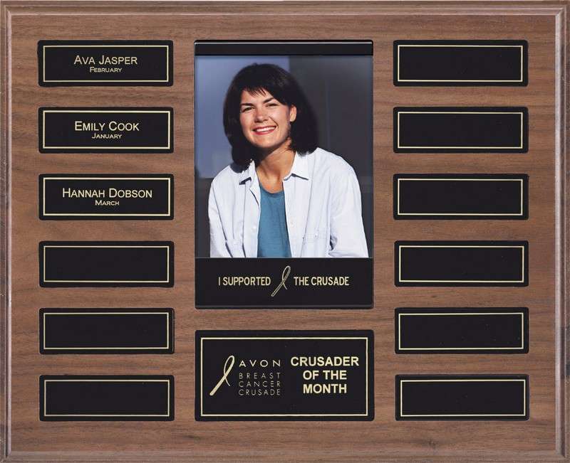 Perpetual Picture Plaque | Engraved Walnut Finish Photo Wall Plaque – 10.5" x 13" with 12 Magnetic Pocket Plates Decade Awards