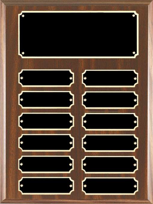 Perpetual Plaque | Walnut Finish Plaque with 12 Scalloped Edge Engraving Plates Decade Awards