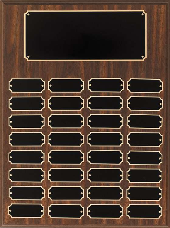 Perpetual Plaque - 12" x 16" | Engraved Walnut Finish Plaque with 32 Black Brass Engraving Plates Decade Awards