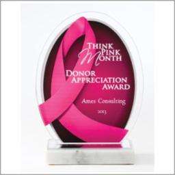 Pink Ribbon Acrylic Award | Engraved Breast Cancer Awareness Award- 8.5 Inch Tall Decade Awards