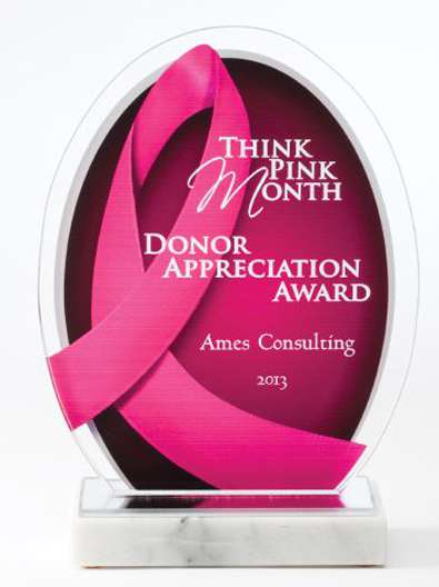 Pink Ribbon Acrylic Award | Engraved Breast Cancer Awareness Award- 8.5 Inch Tall Decade Awards