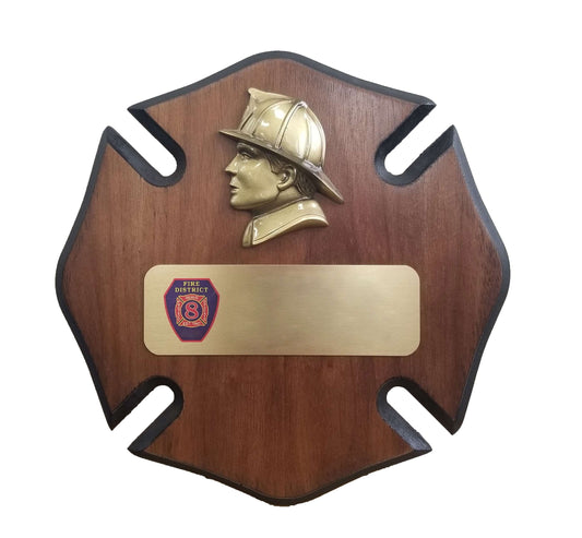 Plaque - Fireman Maltese Cross | Engraved Fireman Walnut Plaque - 10" x 10" Decade Awards