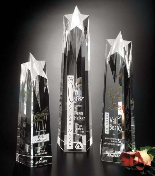 Polaris Star Tower Crystal Trophy | Engraved Star Corporate Award - 10", 12" or 14" Tall Decade Awards