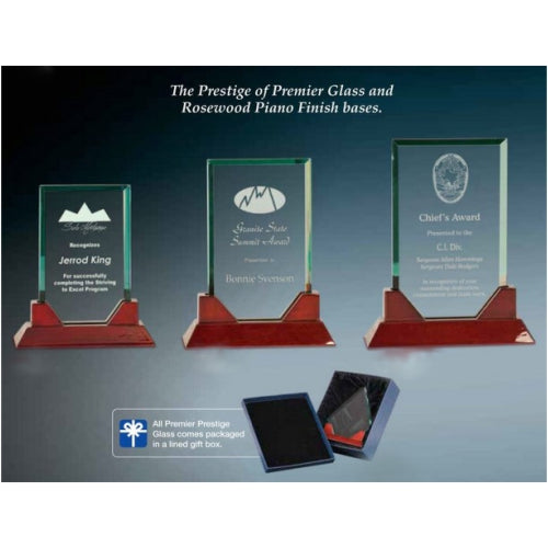 Prestige Award, Glass Plaque in Rosewood Base | Engraved Corporate Award - 7.75, 8.75 or 9.75 Inch Tall Decade Awards