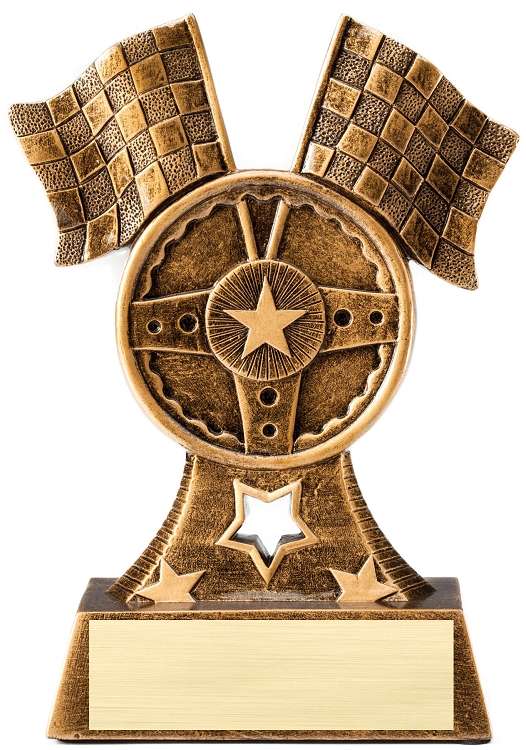 Racing Flags & Wheel Trophy | Engraved Racing Award - 6.75 Inch Tall Decade Awards