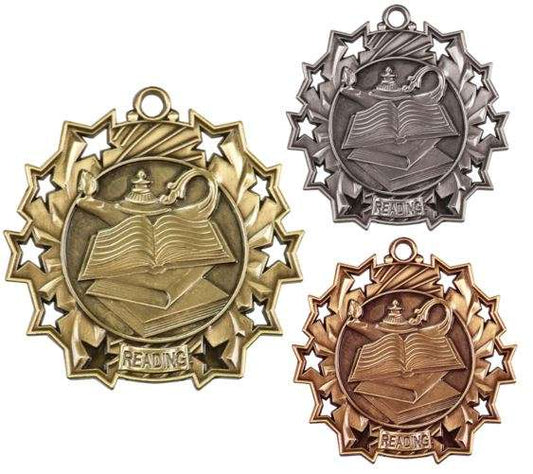 Reading Ten Star Medal - Gold, Silver or Bronze | Engraved Literacy 10 Star Medallion | 2.25 Inch Wide Decade Awards