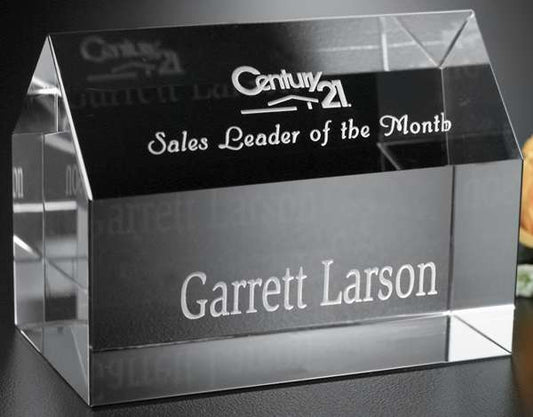 House Crystal Paperweight | Engraved Realtor Corporate Award - 4" W x 3" Decade Awards