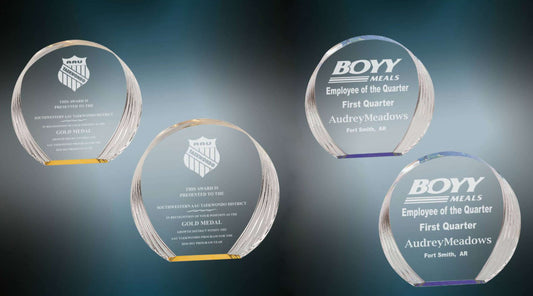 Round Acrylic Award - Blue or Gold | Engraved Corporate Award - 5.375" or 6.5" Tall Decade Awards