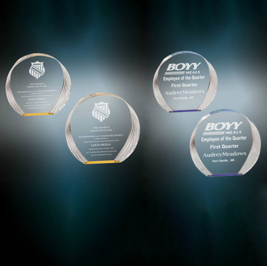 Round Acrylic Trophy | Blue or Gold | Personalized Corporate Award | 5.375 or 6.5 Inches Tall