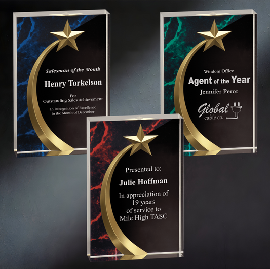 Shooting Star Acrylic Trophy | Blue, Red or Green | Personalized Corporate Award | 6.75 or 7.75 Inches Tall