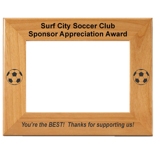 Soccer Sponsor Appreciation Award Picture Frame | Laser Engraved Wood Frame - 3 Sizes Decade Awards