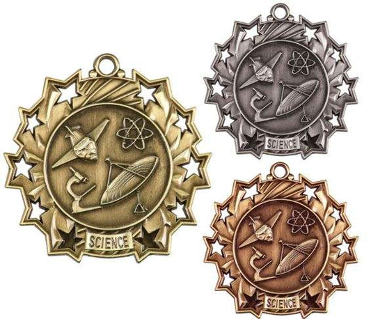 Science Ten Star Medal - Gold, Silver or Bronze | Engraved Scientific 10 Star Medallion - 2.25 Inch Wide Decade Awards