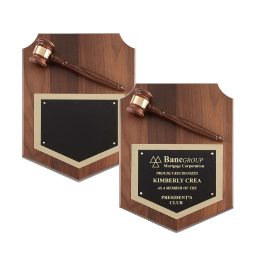 Shield Plaque with Gavel | Engraved Walnut Plaque with Gavel - 9" x 12" Decade Awards