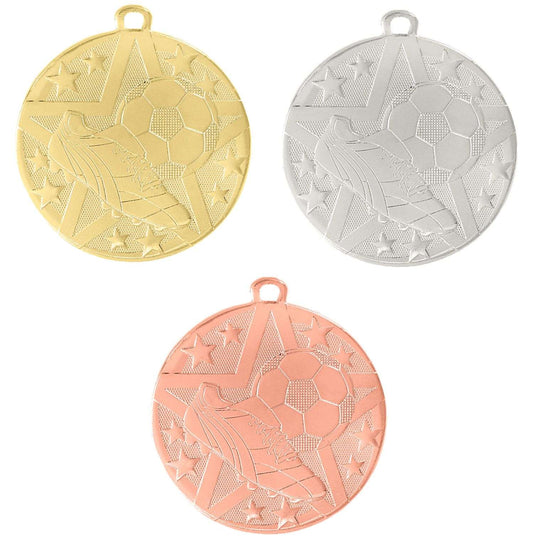 Soccer Superstar Medal - Gold, Silver, or Bronze | Engraved Superstar Futbol Medallion - 2 Inch Wide Decade Awards