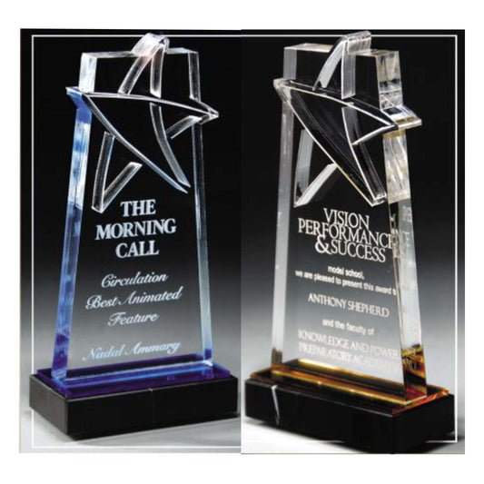 Star Gazer Tower Acrylic Trophy - Blue or Gold | Engraved Star Corporate Award - 7 Inch Tall Decade Awards