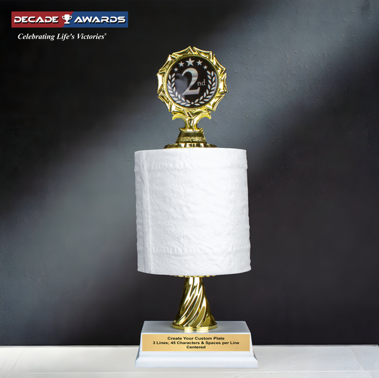A 12-inch humorous toilet paper award designed for second worst winners. Custom engraving available from Decade Awards